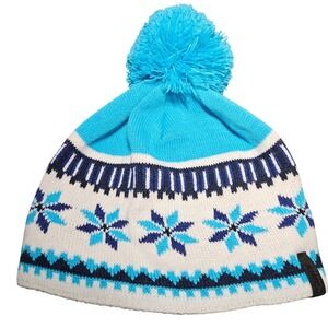 Swix Women Blue White Fair Isle Snowflake Knit Pom Pom Beanie Ski Hat